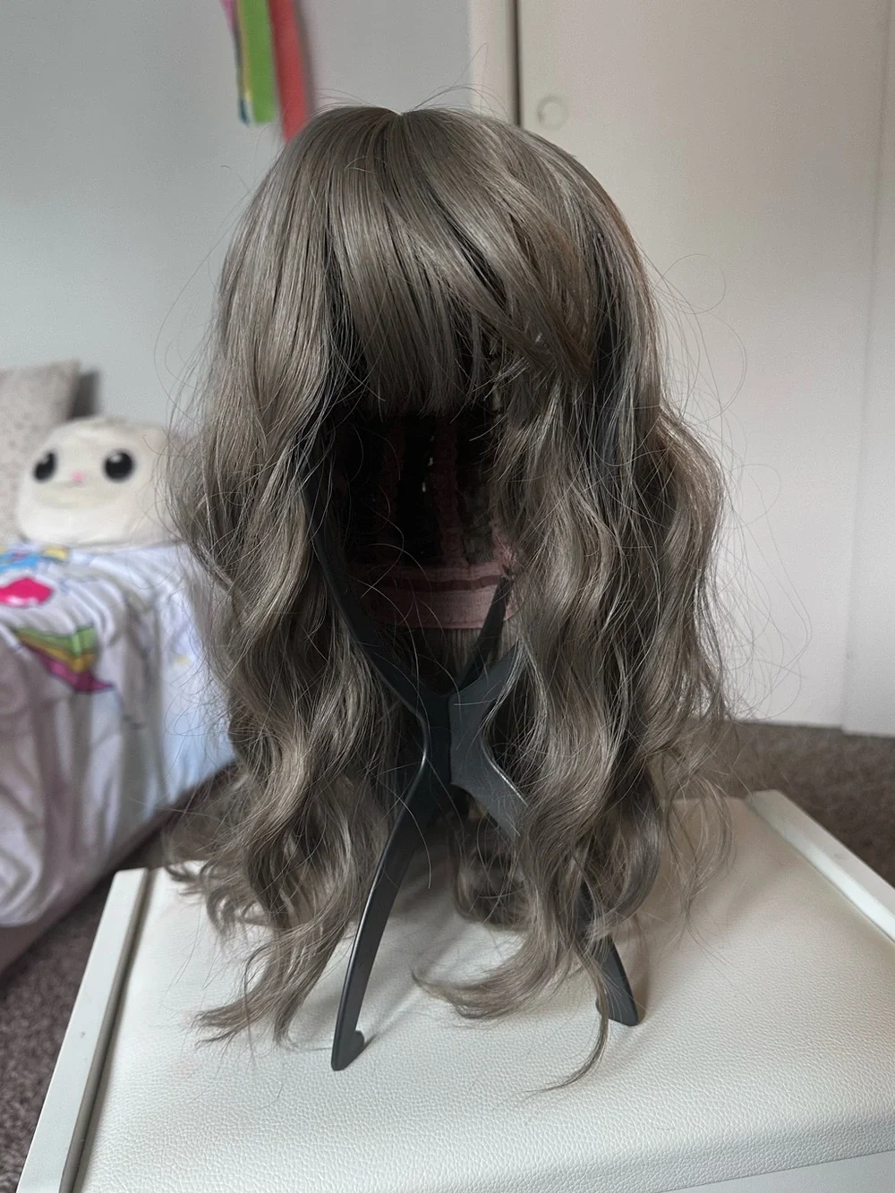 Gray Wavy Synthetic Wig with Bangs